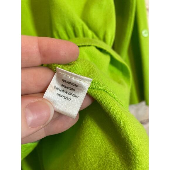 AVA Sweater Womens Large Neon Green Full Front Zip Up Satin Cowl Neck Cardigan - Picture 10 of 12